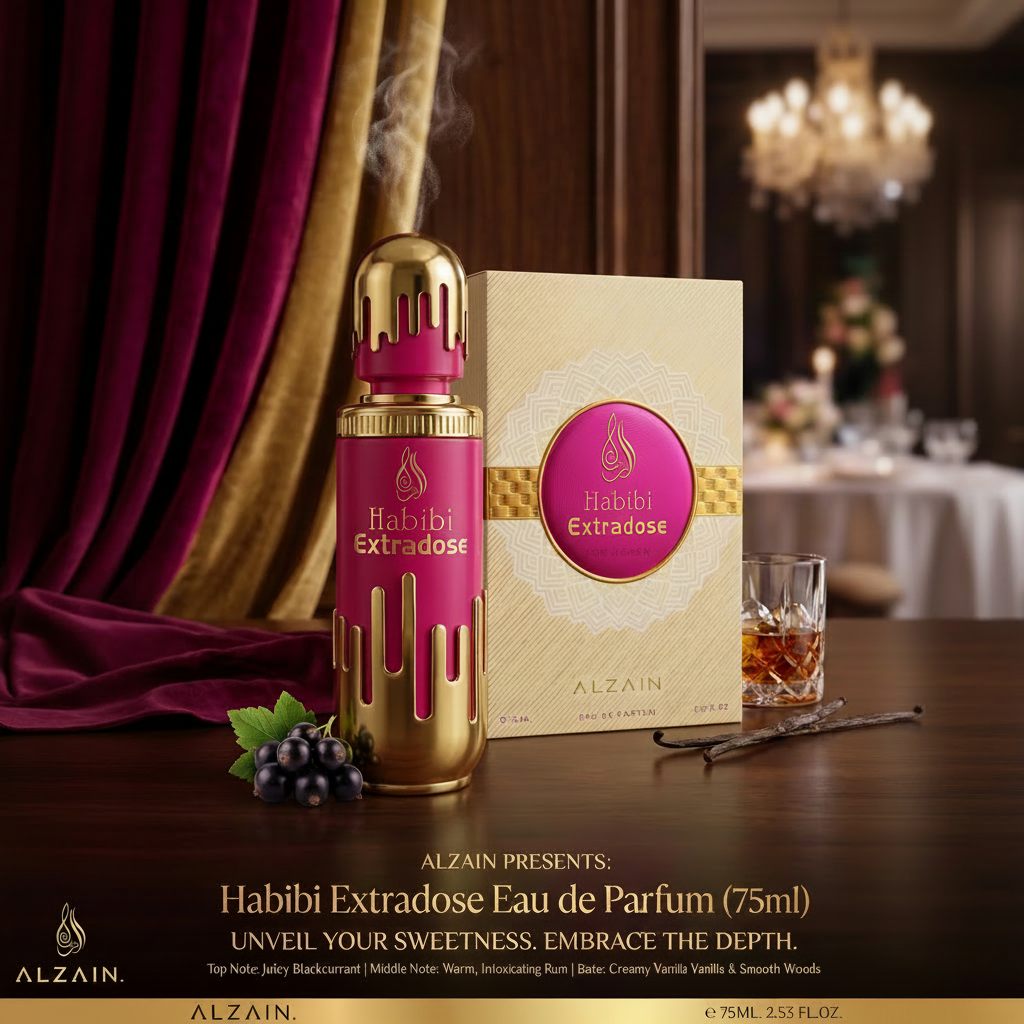 Alzain Habibi Extradose Eau de Parfum bottle and its packaging box, styled on a wooden table with a glass of whiskey, vanilla bean, and blackcurrants against a background of draped purple and gold curtains.
